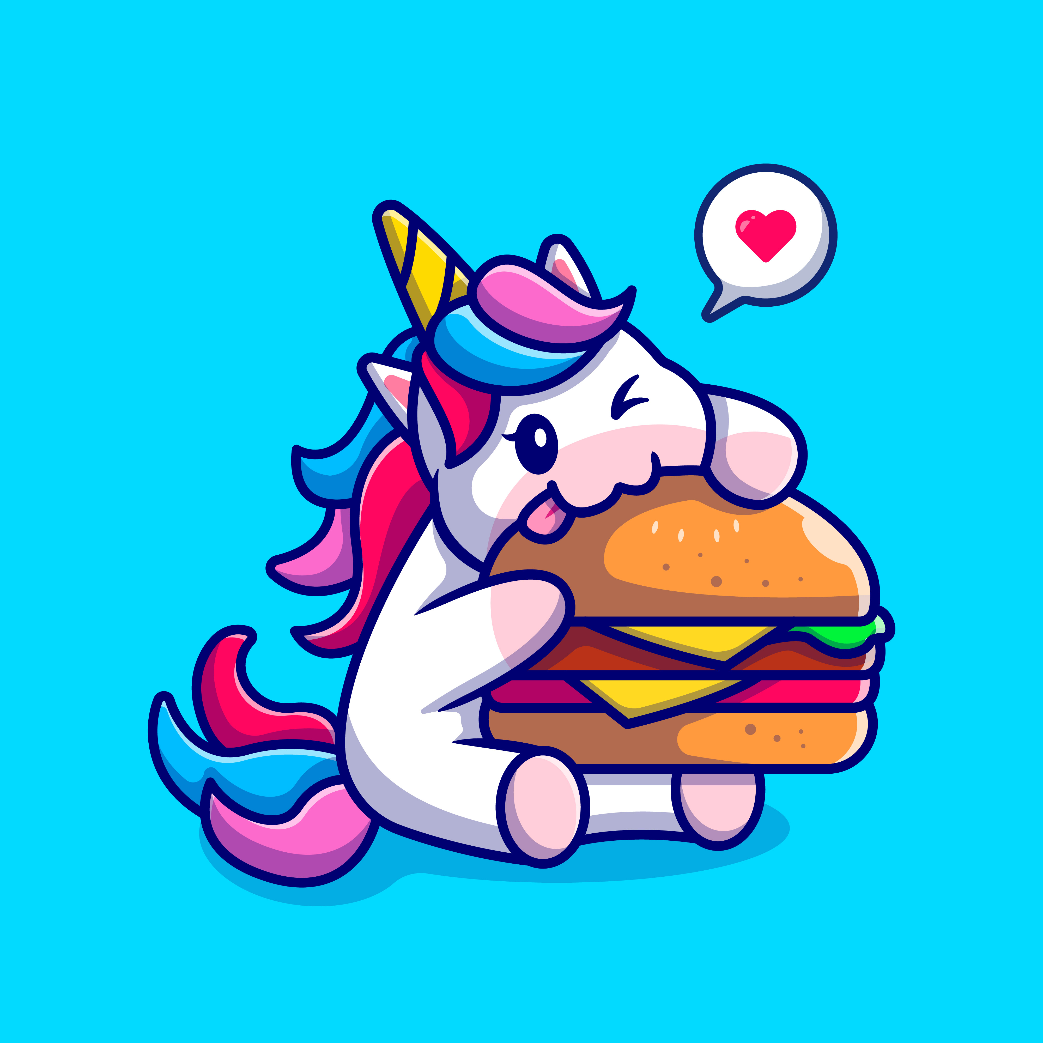 Sie sehen ein verliebtes, in einen Burger beißendes Einhorn Fluffy